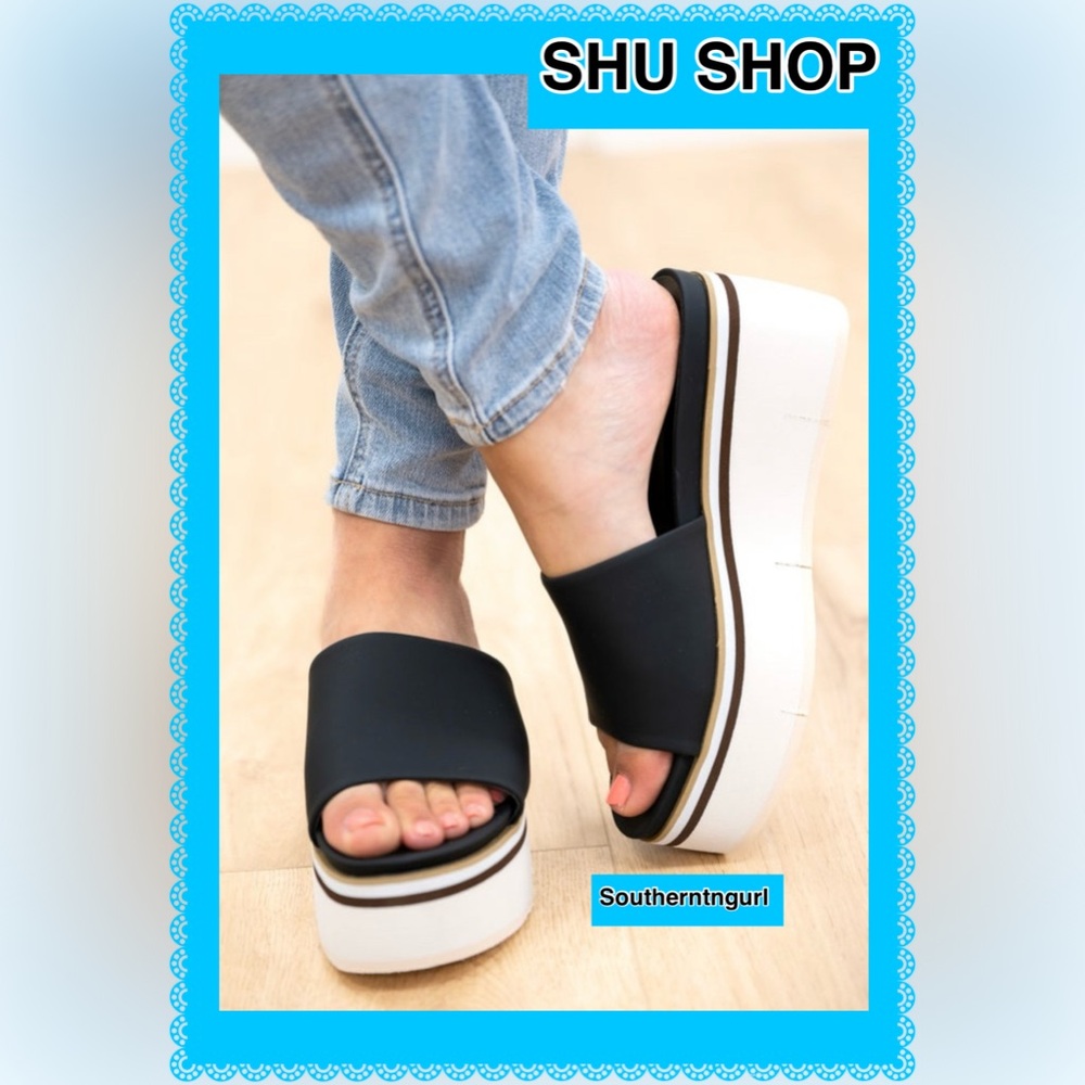 NWT SHUSHOP ”Jade” Faux leather Black/Ivory Color Block Platforms Sandals - Picture 15 of 15